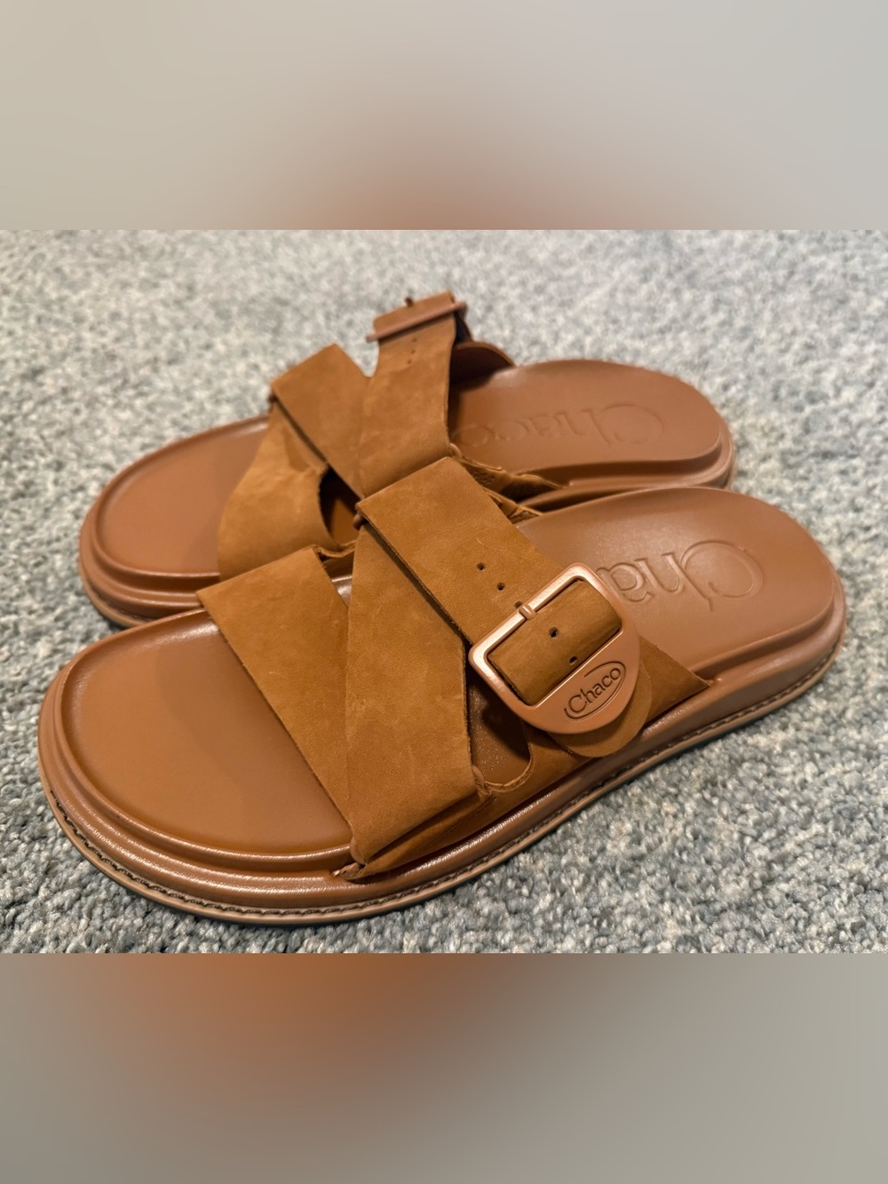 Chaco women’s Brown Leather Slide Sandals Adjustable Buckle Rubber Sole US 7